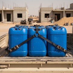 Blue plastic jerrycans secured in a truck bed, ready for transport at a desert construction site with unfinished buildings.