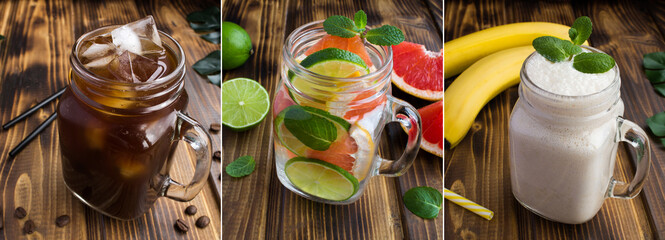 Collage of cold summer drinks in the drinking glass on a wooden background. Close-up.