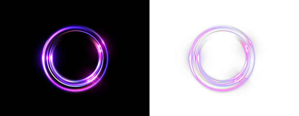 Glowing multicolor neon energy swirl rings with dynamic light trails isolated on black and transparent backgrounds
