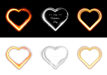 Glowing neon heart shapes with fiery and light effects for valentine design isolated on black and transparent backgrounds