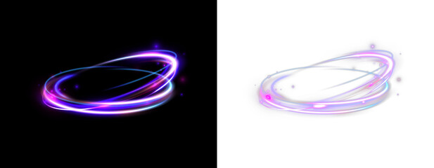 Glowing purple neon energy rings with magical light trails isolated on black and transparent backgrounds