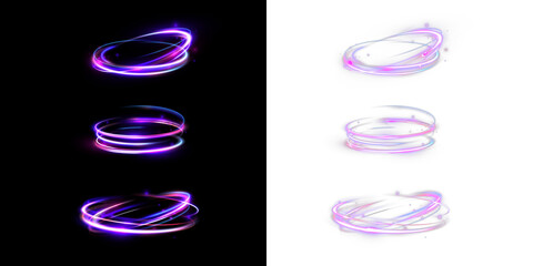 Glowing purple neon energy rings with magical light trails isolated on black and transparent backgrounds