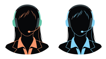 Two faceless customer support representatives with headsets in teal and orange hues
