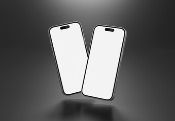 Naklejka premium PARIS - France - January 05, 2026: Apple smartphone, Iphone 16 pro max silver. Two mobile phones mockup floating on black. 3d rendering