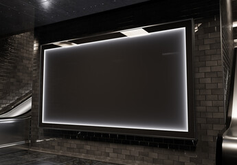 Blank billboard on underground wall. Large horizontal hoarding mockup in dark subway station. 3D rendering © sdecoret