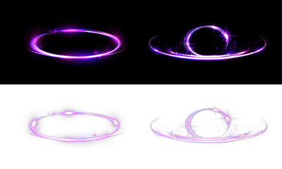 Glowing purple neon energy rings with magical light trails isolated on black and transparent backgrounds