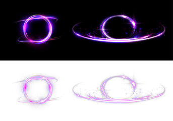 Glowing purple neon energy rings with magical light trails isolated on black and transparent backgrounds