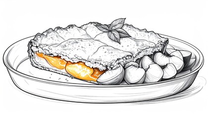 Hand-Drawn Peach Pie Slice with Fruit on Plate Illustration.