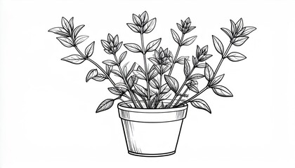 Hand-drawn potted plant illustration with delicate leaves and flowers.