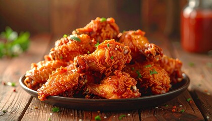 Pile of delicious hot crispy fried chicken wings on the table. 