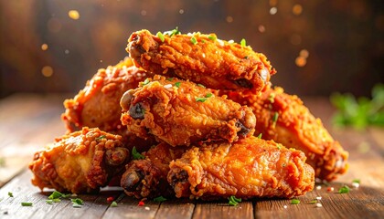 Pile of delicious hot crispy fried chicken wings on the table. 