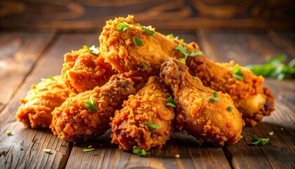 Pile of delicious hot crispy fried chicken legs on the table. 