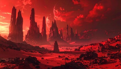 Otherworldly fantasy scary dark red planet with sharp, very tall rocks and red sky.