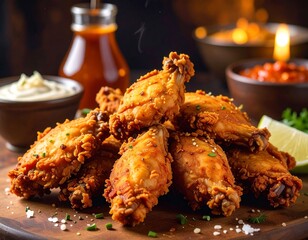 Pile of delicious hot crispy fried chicken wings on the table. 