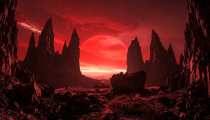 Otherworldly fantasy scary dark red planet with sharp, very tall rocks and red sky. Round light portal on the horizon. 
