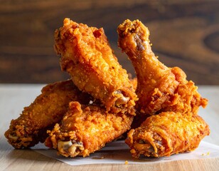 Pile of delicious hot crispy fried chicken legs on the table. 