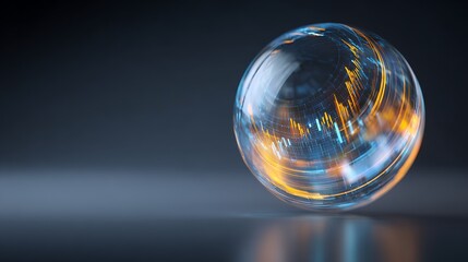 Illuminated glass sphere with digital data and glowing lines on dark background