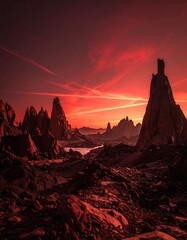 Otherworldly fantasy scary dark red planet with sharp, very tall rocks and red sky.