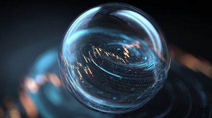 Glowing sphere with swirling energy displaying a stock chart inside a darkened environment