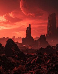Otherworldly fantasy scary dark red planet with sharp, very tall rocks and red sky. 