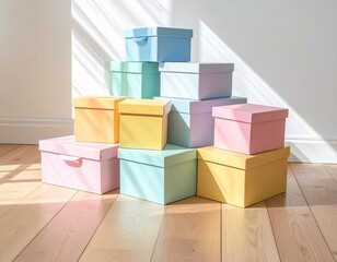 Pile of colorful pastel boxes on wooden floor in sunlight. 