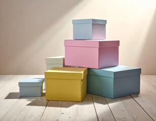 Pile of colorful pastel boxes on wooden floor in sunlight. 
