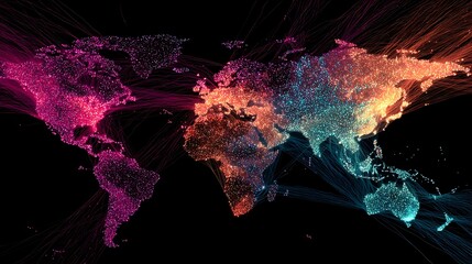 A vibrant global map showcases interconnectedness with colorful nodes and intricate pathways against black