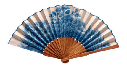 Traditional oriental paper folding fan with a decorative bamboo wood frame and cultural pattern isolated on a white background as a beautiful Japanese craft accessory