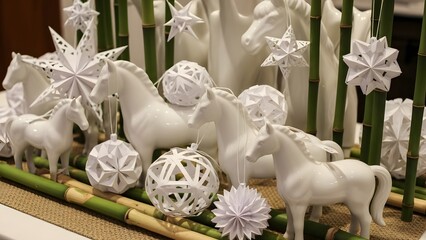 White Horses and Origami Stars Display with Green Bamboo Decor