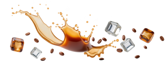 Rich coffee splash with ice cubes and coffee beans creates refreshing and dynamic scene. Perfect for beverage promotions or culinary art