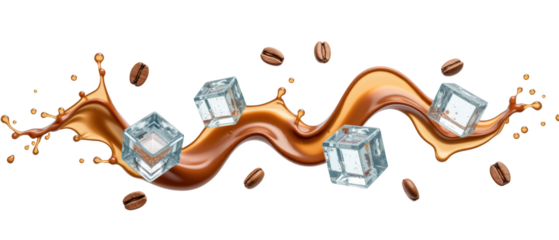 Rich coffee splash with ice cubes and coffee beans creates dynamic and refreshing scene