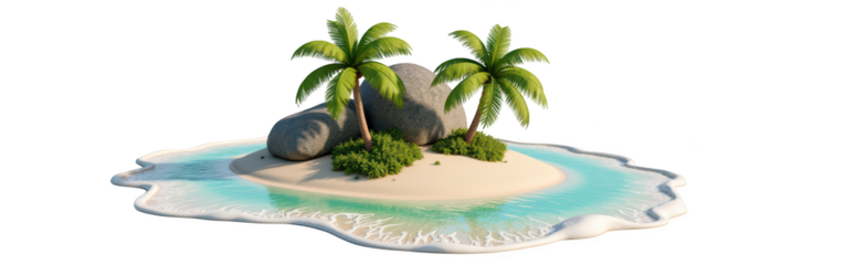 Tropical island scene featuring palm trees, rocks, and clear water, evoking sense of relaxation and paradise