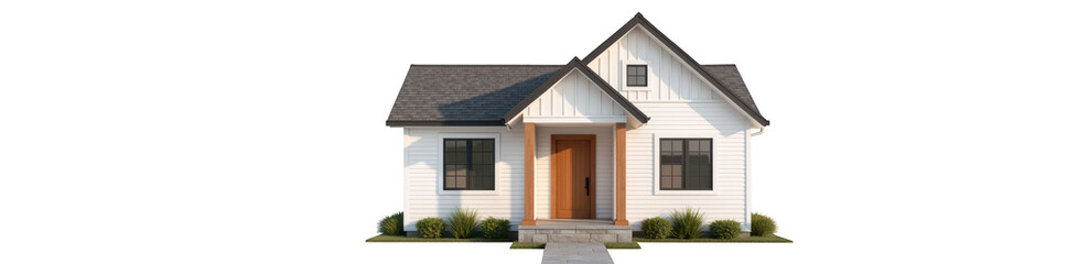 Obraz premium Modern house exterior design with welcoming entrance, featuring gabled roof, white siding, and landscaped front yard