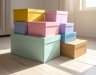 Pile of colorful pastel boxes on wooden floor in sunlight. 