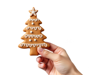 Gingerbread cookie shaped like Christmas tree held in hand, decorated with white icing, festive and cheerful, perfect for holiday celebrations