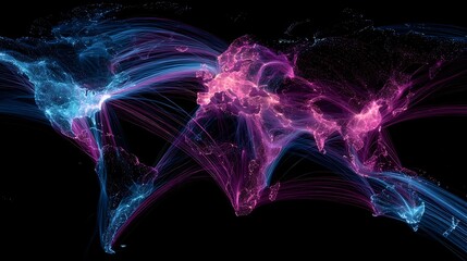 A vibrant global network map visualized with flowing, colorful lines over a dark background