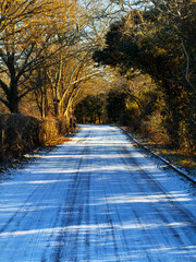 country rural road covered with ice snow and frost