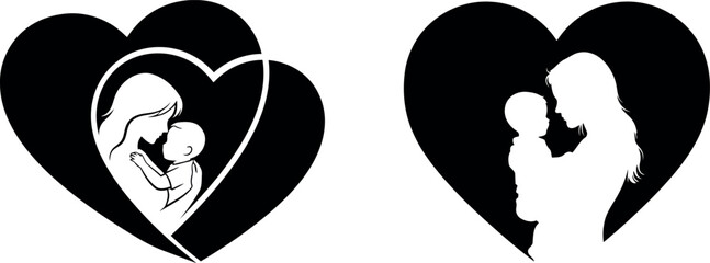 Motherhood love heart silhouette vector illustration isolated on transparent background