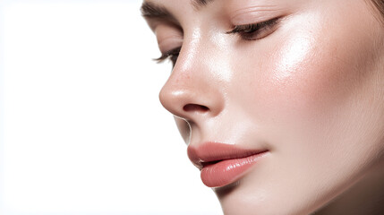 Obraz premium Close Up Side Profile of Woman Face with Glowing Skin, Skincare and Beauty Treatment Concept