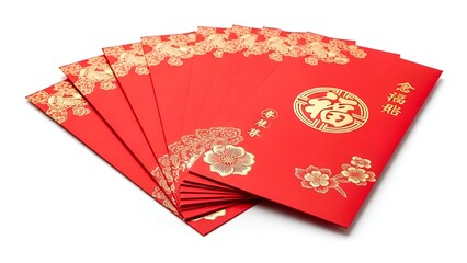 Vibrant red envelopes with golden Chinese characters and floral patterns