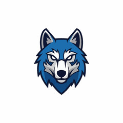 Blue wolf head mascot logo with fierce expression.
