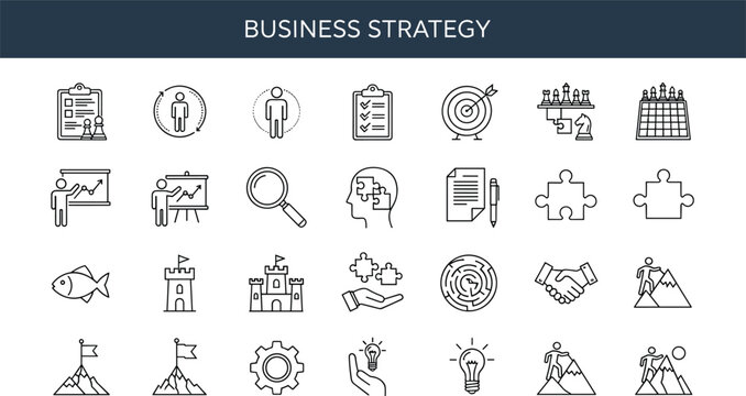 Business strategy icons, planning tools, goal setting, teamwork, innovation, analysis, achievement, growth chart, process, management, leadership, success - Powered by Adobe