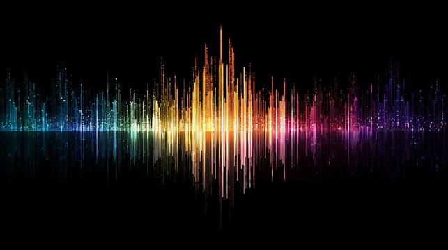 A vibrant abstract representation of sound waves in a spectrum of color, reflecting on dark - Powered by Adobe