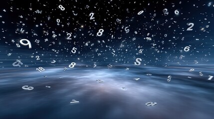 Abstract Representation of Floating Numbers in a Cosmic Space with a Dark Background and Starry Effect for Use in Digital Art and Design Projects