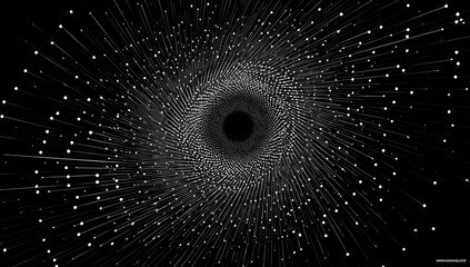 A swirling vortex of light and dots emerges from a dark center, creating a tunnel effect