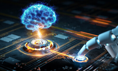 Robotic hand activating digital button with holographic brain interface for artificial intelligence and future tech concept. 3D rendering. Generative Ai brain