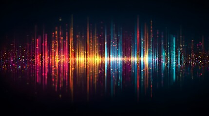 Colorful abstract illustration of an audio soundwave with a vibrant display of lines and particles