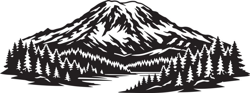 Mount Rainier Mountain Silhouette with Forest Layers