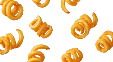 Individual golden brown crispy curly fries dynamically floating in a photorealistic medium close-up against a transparent background with negative space, appetizing fast-food advertisement concept