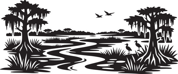 Everglades Landscape Silhouette Black and White Vector Illustration